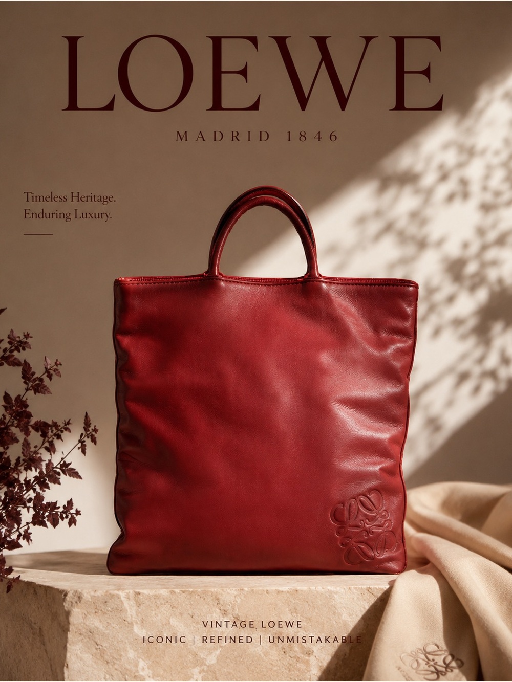 LOEWE Vintage Red Leather Tote Bag Shopper Anagram Logo Made in Spain